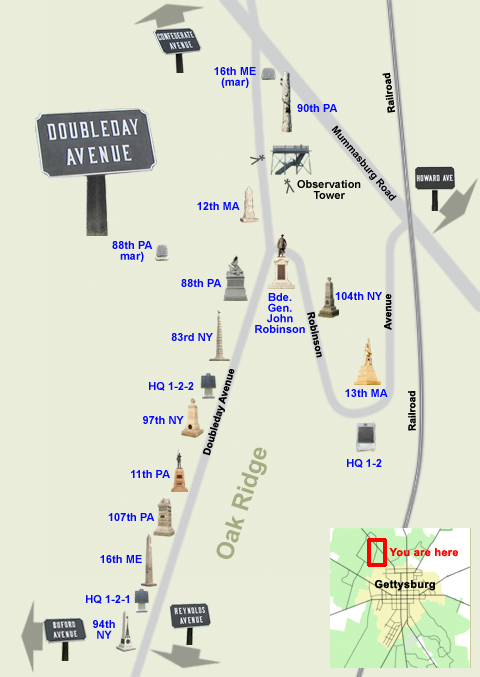 Tour map of Doubleday Avenue on the Gettysburg battlefield