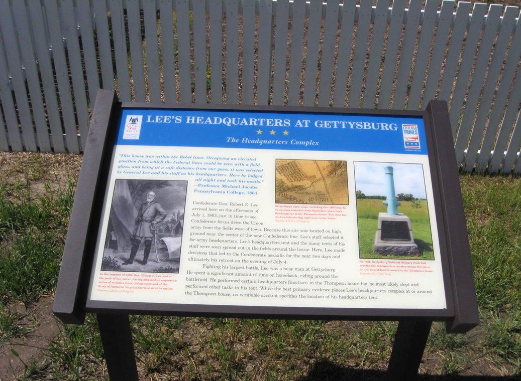 The Headquarters Complex wayside marker on the Gettysburg battlefield
