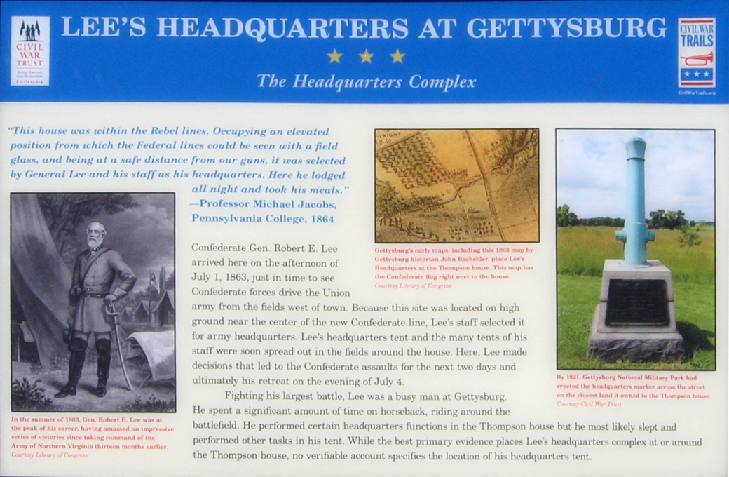 The Headquarters Complex wayside marker on the Gettysburg battlefield