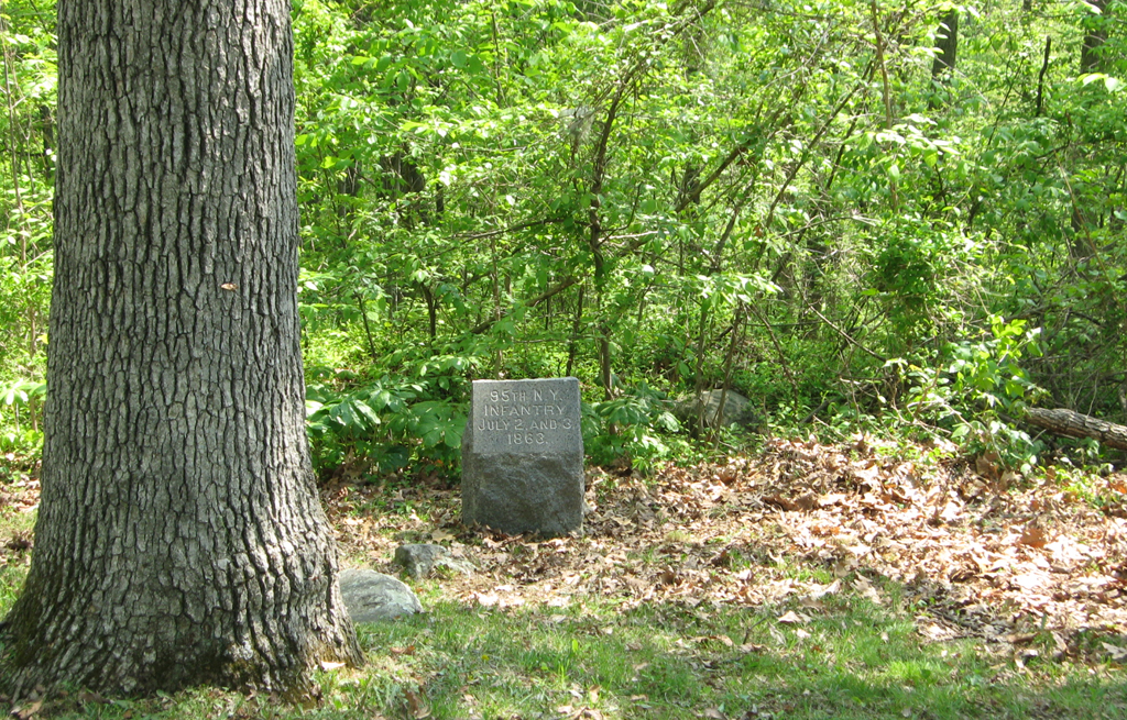 Position marker for the 95th New York Volunteer Infantry Regiment on Culp's Hill at Gettysburg