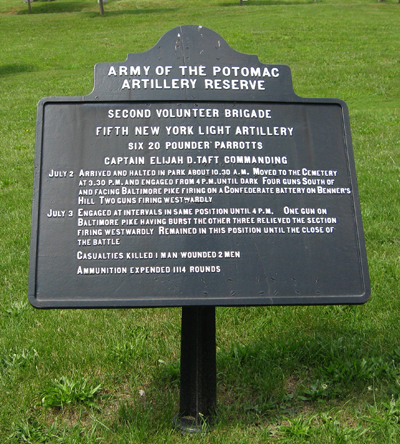 Marker showing the position of a section of the 5th New York independent Battery behind the evergreen Cemetery Gatehouse at Gettysburg