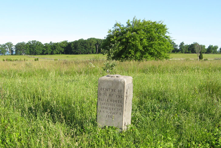 A marker for the 14th Connecticut Infantry stands on the site of the Bliss house, burned during the battle and never rebuilt.
