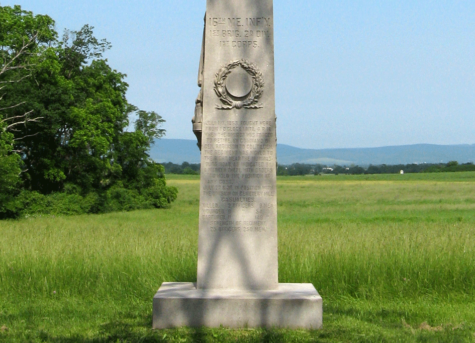 Closeup of the monument to the 16th Maine Infantry at Gettysburg