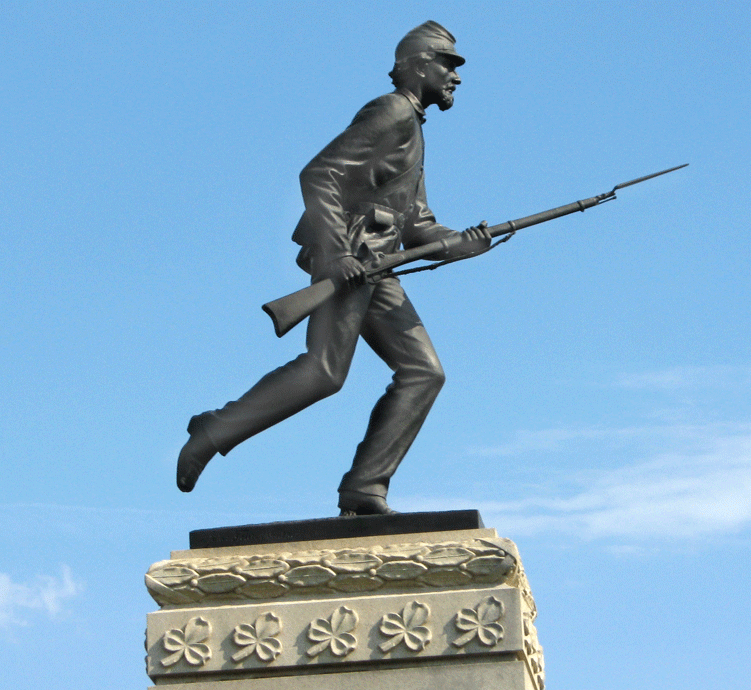 Closeup of the statue on top of the main monument to the 1st Minnesota Infantry at Gettysburg