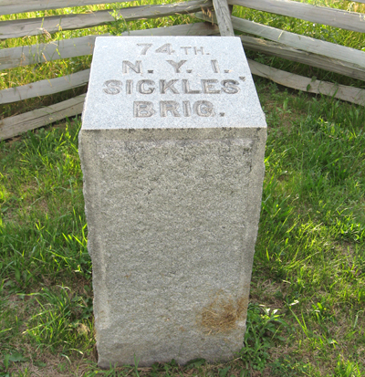 Marker for the 74th New York Infantry of the Excelsior Brigade at Gettysburg