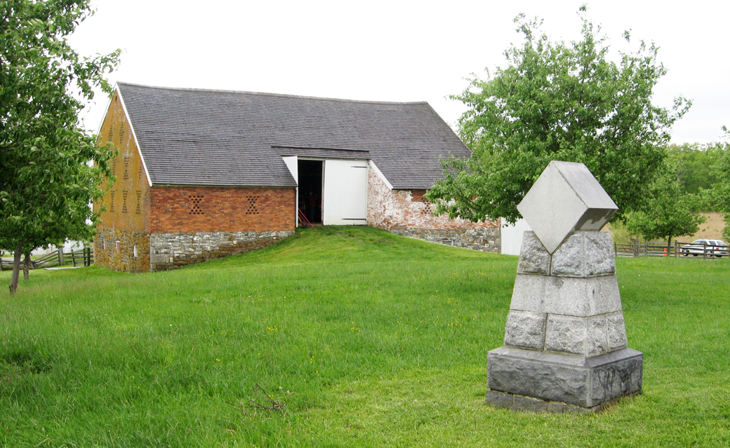The Trostle barn from the Sickles monument on the Gettysburg battlefield.