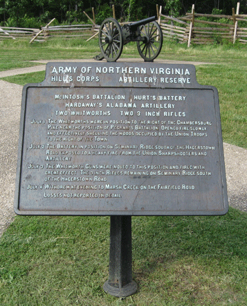 Marker for Hardaway's (Alabama) Artillery of the Army of Northern Virginia at Gettysburg