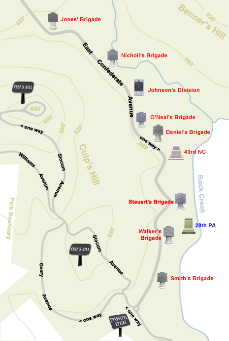 Tour map to East Confederate Avenue on the Gettysburg battlefield