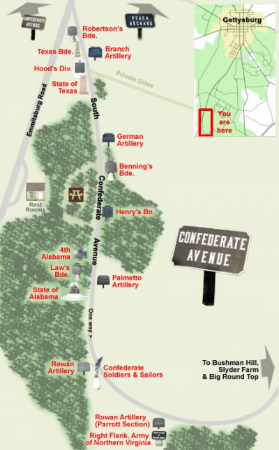 Tour map of South Confederate Avenue at Gettysburg
