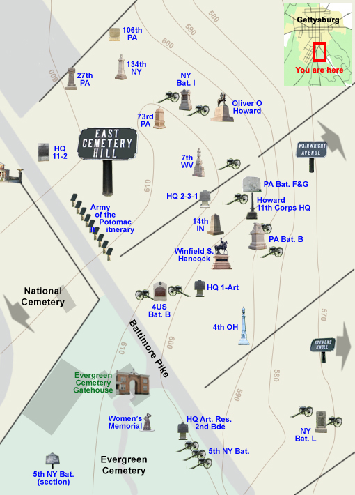 Tour map of East Cemetery Hill on the Gettysburg battlefield
