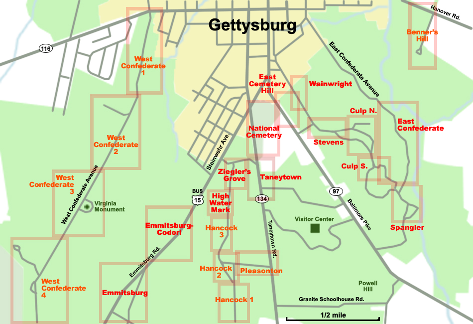 Tour map of the Central part of the Gettysburg battlefield