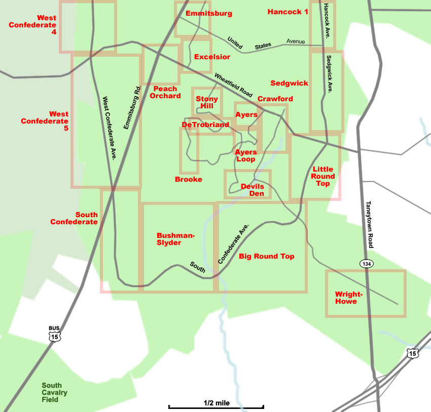 Tour map of the South part of the Gettysburg battlefield