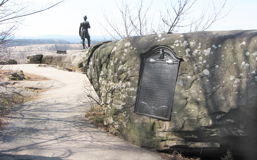 Signal corps monument on Little Round Top. General Warren's monument is in the distance.