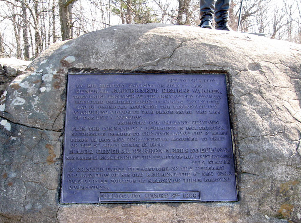 Tablet from the monument to Brigadier General Gouverneur Kemble Warren at Gettysburg